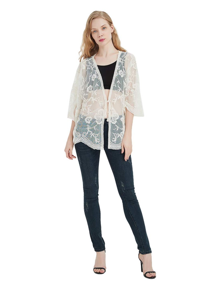 Anna-Kaci Womens Long Embroidered Lace Kimono Cardigan with Half Sleeves, Beige, One Size - Image 5